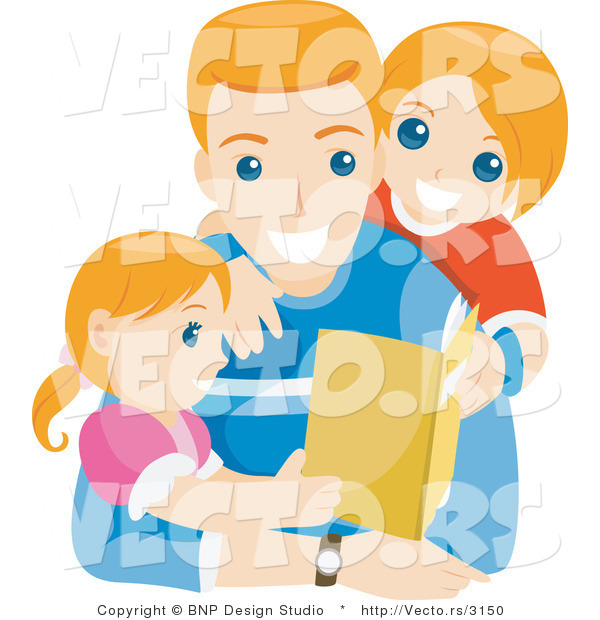 Vector of Happy Dad Reading Book Story to His Daughter and Son