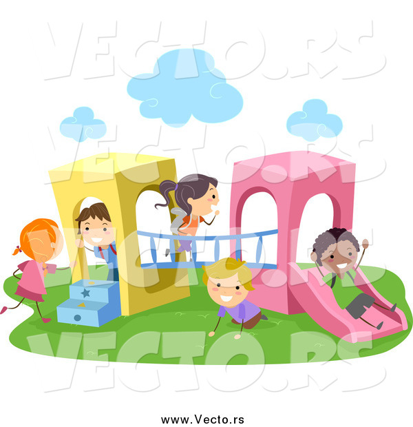 Vector of Happy Diverse Stick Students Playing on a Playground Structure