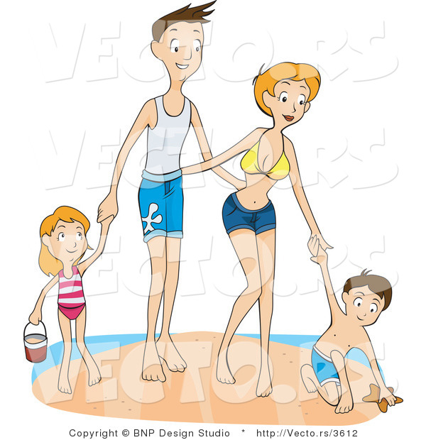 Vector of Happy Family of 4 Playing Together at a Beach