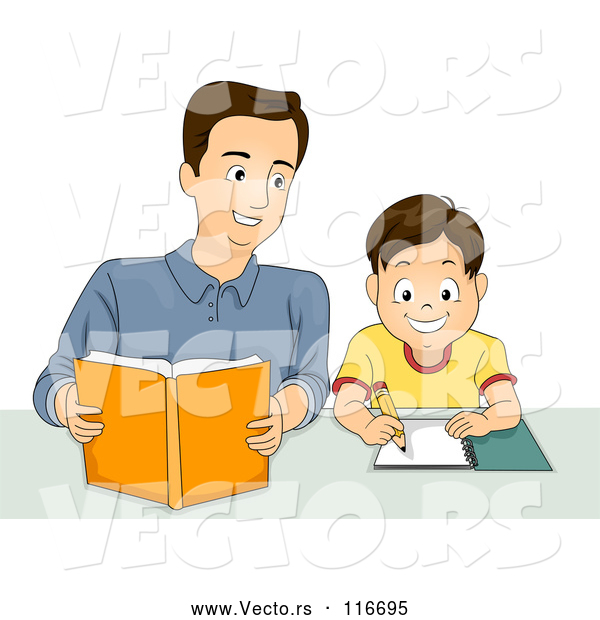 Vector of Happy Father Helping His Son with Homework