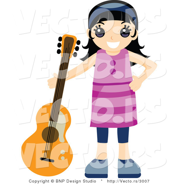 Vector of Happy Girl Standing Beside Her Guitar