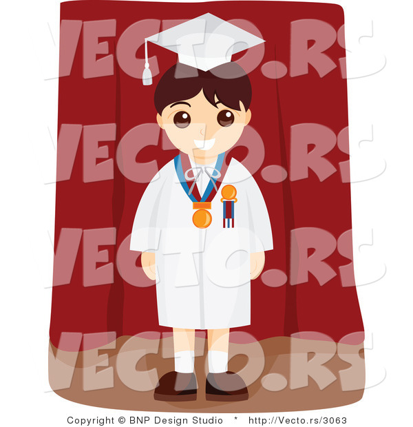 Vector of Happy Graduate Boy Standing in Front of a Red Curtain