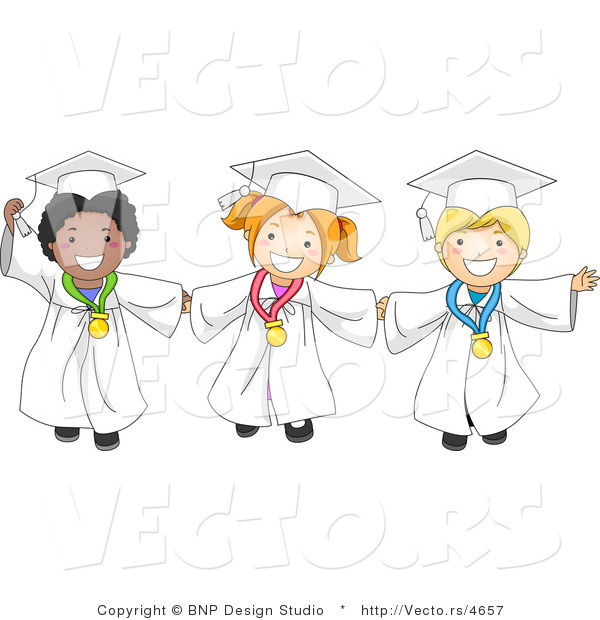 Vector of Happy Graduating Kids Holding Hands and Wearing Medals - Cartoon Styled