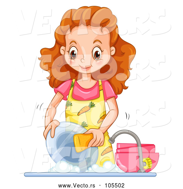 Vector of Happy Lady Washing Dishes