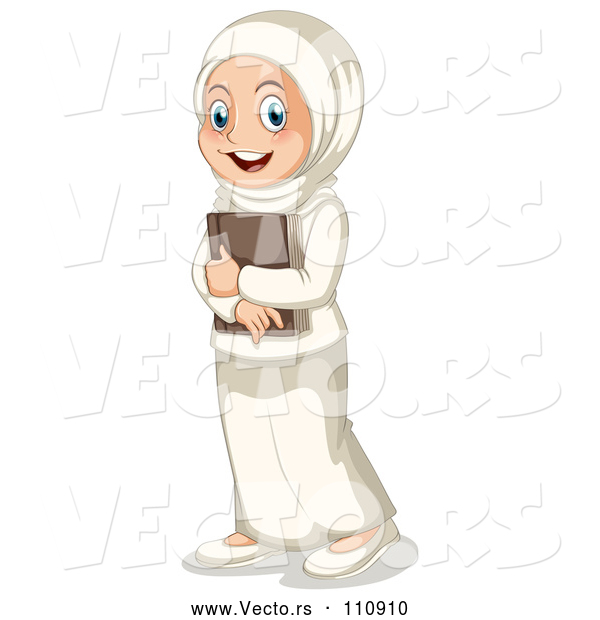 Vector of Happy Muslim Girl Holding a Book to Her Chest