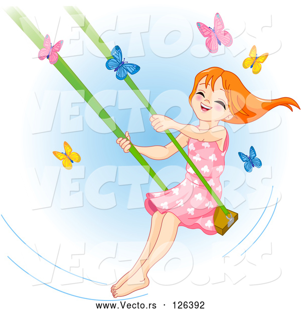 Vector of Happy Red Haired Girl Swinging past Butterflies