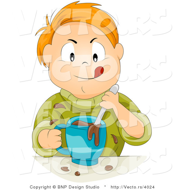 Vector of Happy Red Head Boy Mixing Chocolate Milk Aggressively - Cartoon Rendition