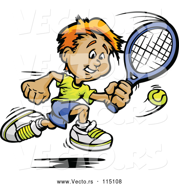 Vector of Happy Sporty White Boy Swinging at a Tennis Ball
