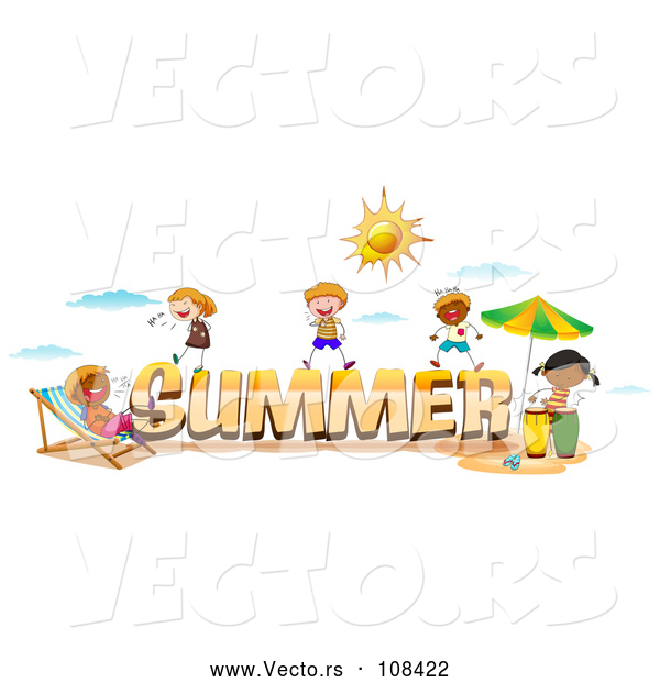 Vector of Happy Stick Kids Around Summer Text