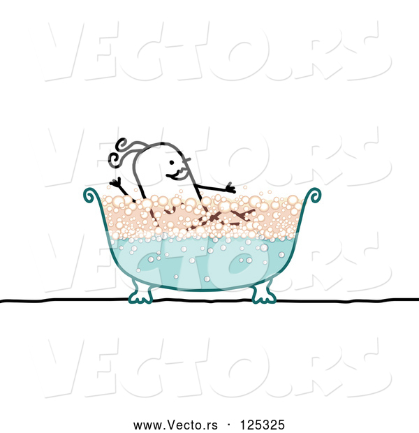 Vector of Happy Stick Lady Taking a Bubble Bath in a Clawfoot Tub