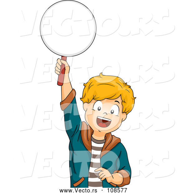 Vector of Happy White Boy Holding up a Paddle to Answer a Question