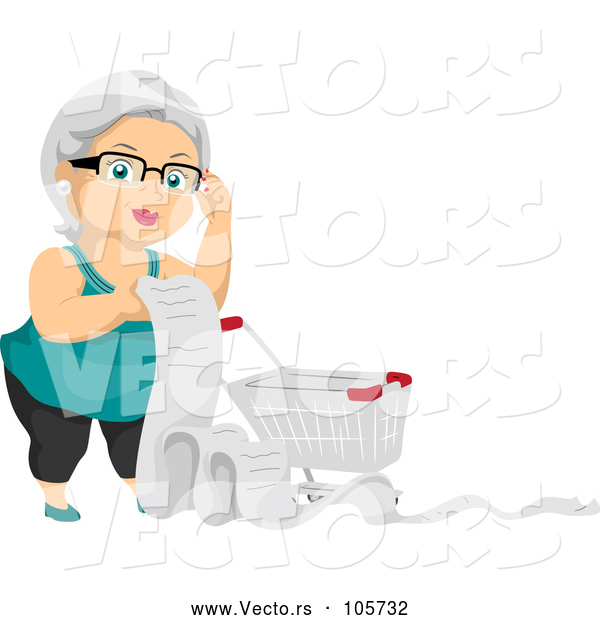 Vector of Happy White Haired Senior White Lady with a Shopping Cart and Long List
