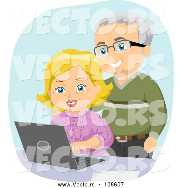 Vector of Happy White Senior Couple Using a Laptop Computer