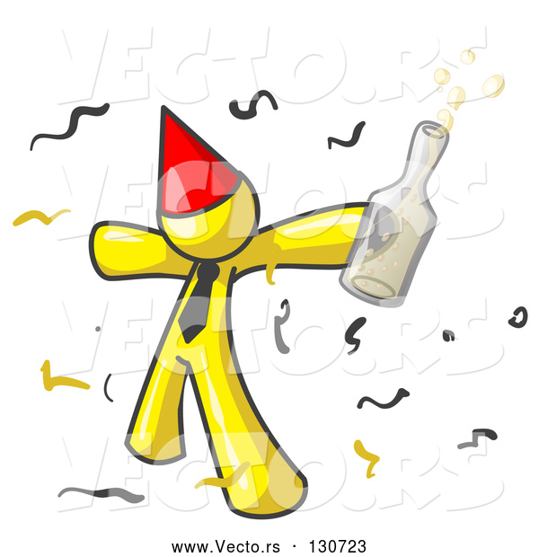 Vector of Happy Yellow Guy Partying with a Party Hat, Confetti and a Bottle of Liquor