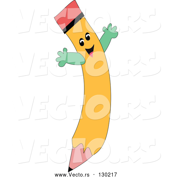 Vector of Happy Yellow Pencil with Green Arms and an Eraser, Jumping