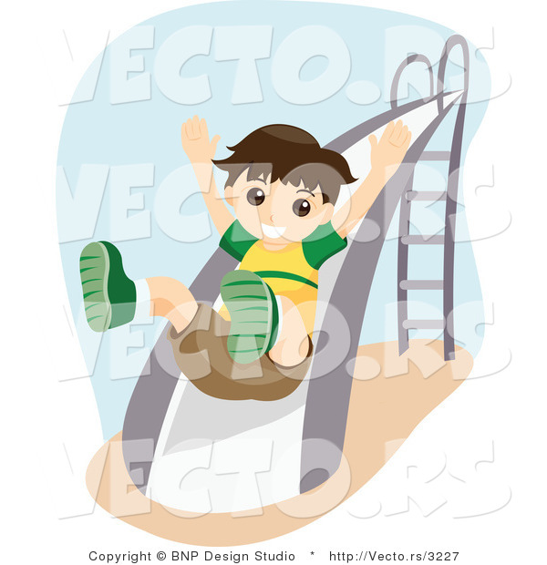 Vector of Happy Young Boy Going down a Slide at a Playground