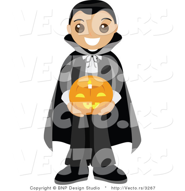 Vector of Happy Young Boy Wearing Vampire Costume and Holding Pumpkin