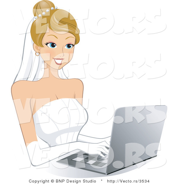 Vector of Happy Young Bride Shopping Online Computer Laptop
