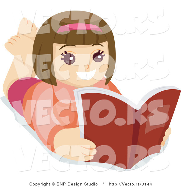 Vector of Happy Young Brunette Girl Reading a Book
