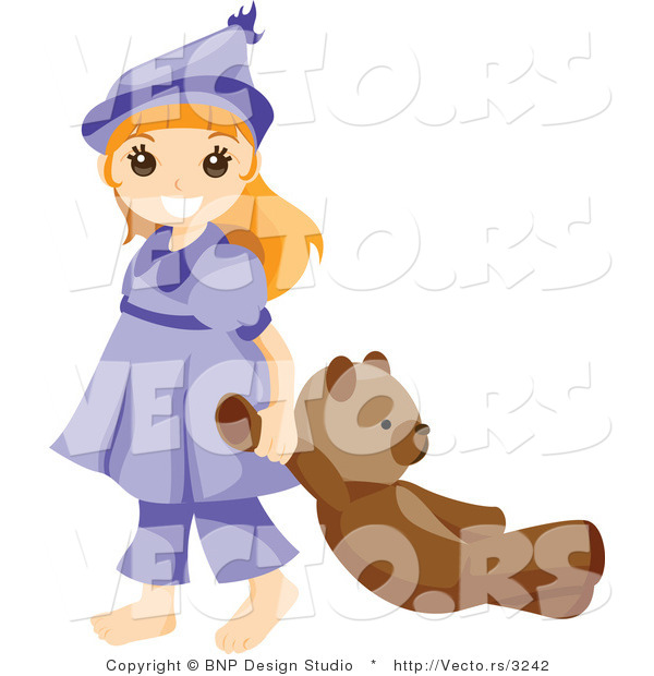 Vector of Happy Young Girl Dragging Her Teddy Bear