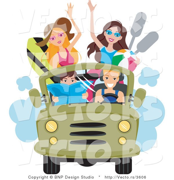 Vector of Happy Young Men and Women Driving to the Beach in a Jeep