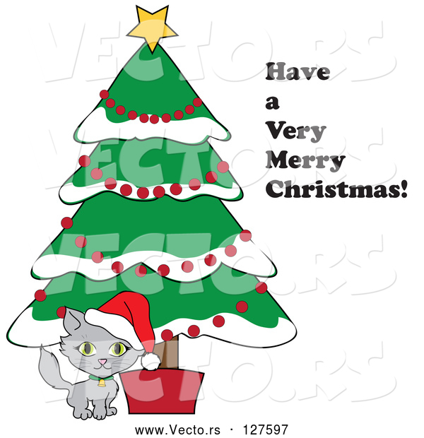 Vector of Have a Very Merry Christmas Greeting by a Kitten Under a Christmas Tree