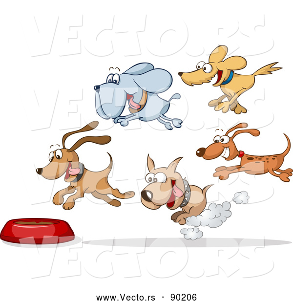 Vector of Hungry Cartoon Dogs Running Towards Food Bowl