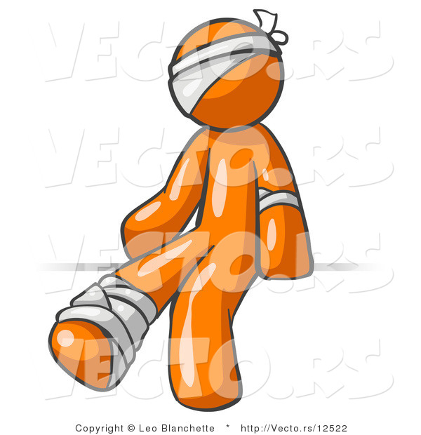 Vector of Injured Orange Guy Sitting in the Emergency Room After Being Bandaged up on the Head, Arm and Ankle Following an Accident