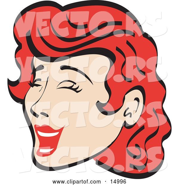 Vector of Jolly Red Haired Lady Closing Her Eyes and Laughing Retro