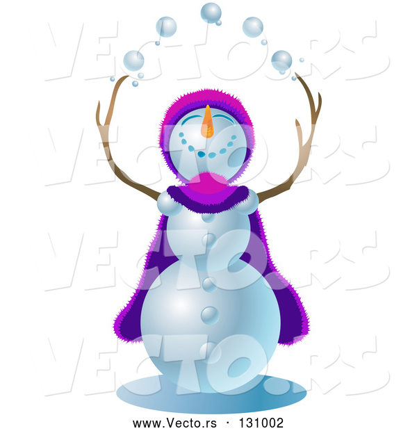 Vector of Jolly Snowman Wearing a Purple and Pink Cape and Hat, Looking Upwards and Juggling Snowballs
