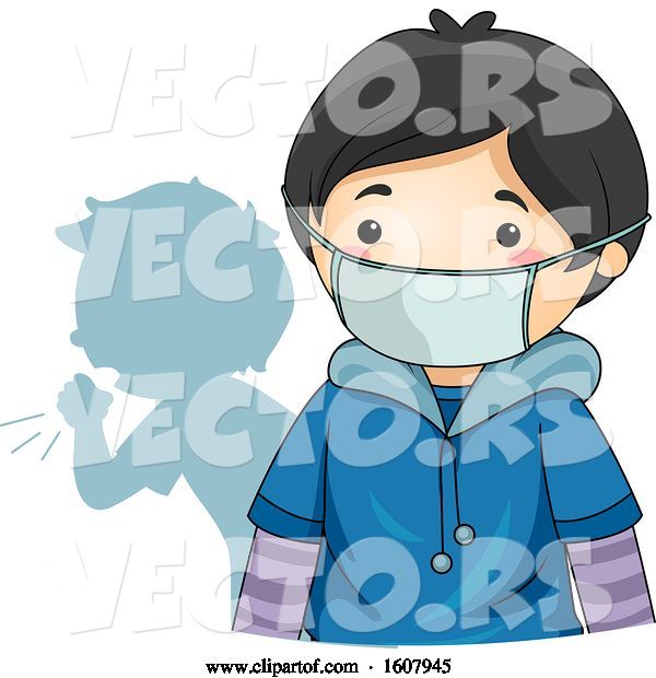 Vector of Kid Coughing Behind Boy Wearing Protective Medical Mask