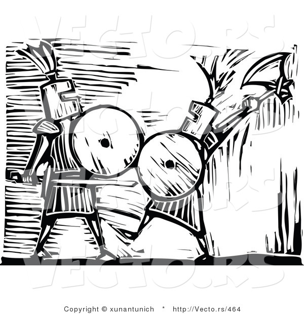 Vector of Knights Battling Each Other - Black and White Woodcut
