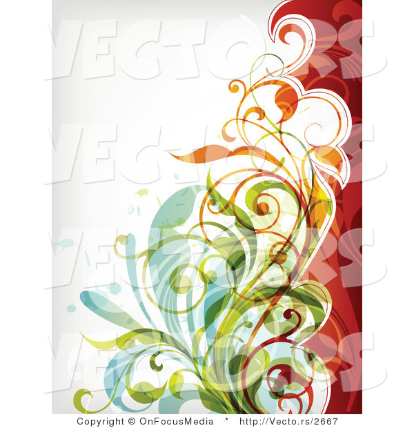 Vector of Leafy Green Orange Red Floral Vines Background Design