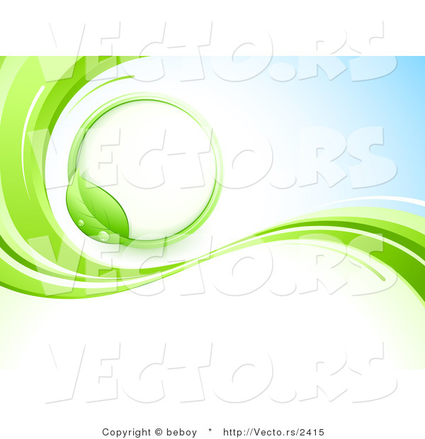 Vector of Lime Green Vine Circle over White and Blue Background with Waves of Green