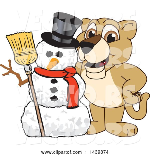 Vector of Lion Cub School Mascot Character with a Snowman
