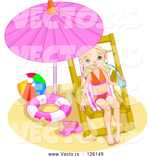 Vector of Little Girl Drinking Water and Relaxing Under a Beach Umbrella