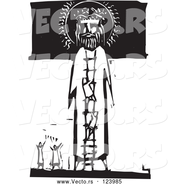 Vector of Little People Praising and Climbing a Ladder to Jesus Black and White Woodcut