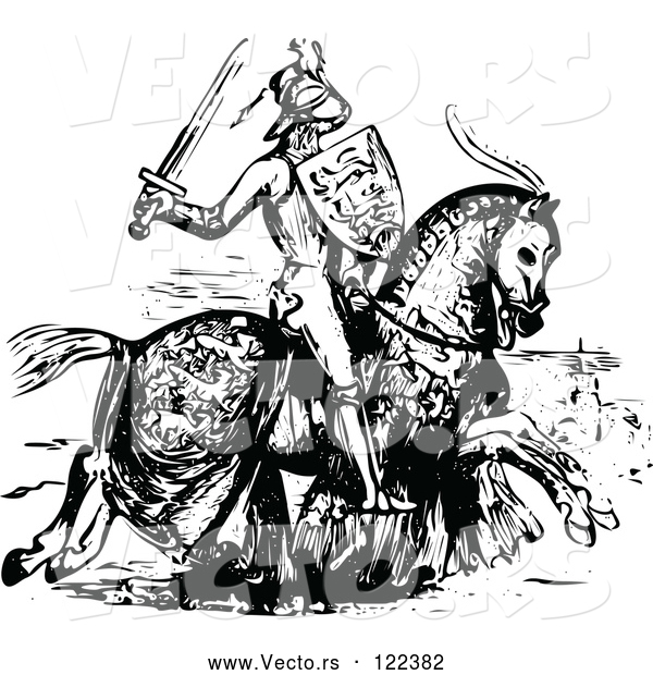 Vector of Medieval Knight on Horseback - Black and White
