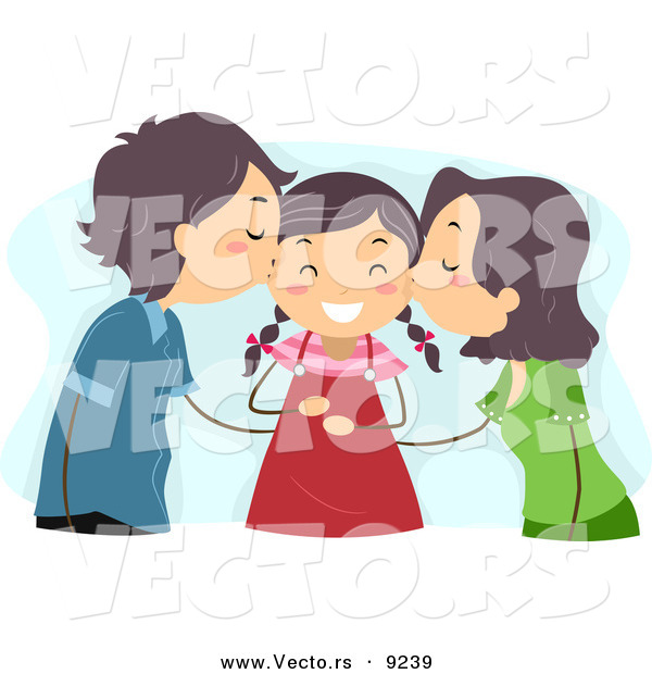 Vector of Mom and Dad Kissing Their Happy Daughter on Her Cheeks