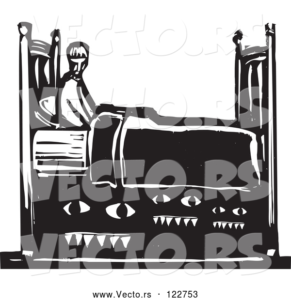 Vector of Monsters Under Guy's Bed - Black and White Woodcut Style