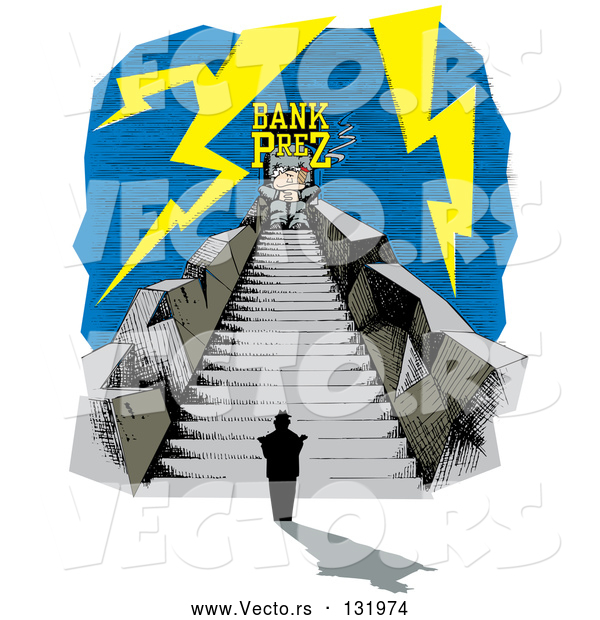 Vector of Nervous Person at the Bottom a Long Stretch of Stairs with a Bank President at the Top, Surrounded by Lightning