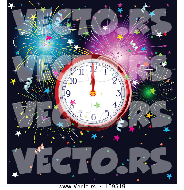 Vector of New Year Wall Clock Striking Midnight over Fireworks and Stars