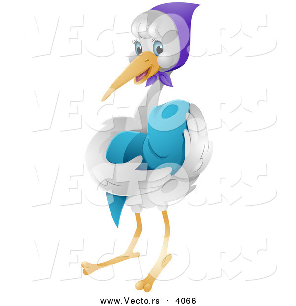 Vector of Nurturing Cartoon Stork Cradling a Baby in a Blue Blanket