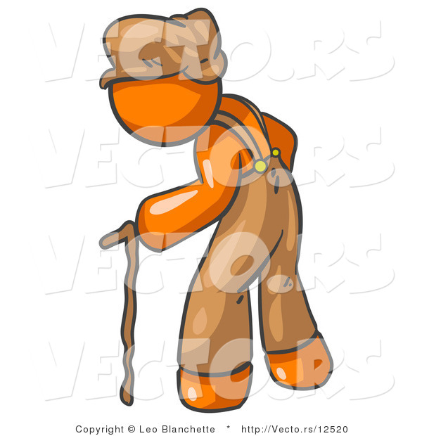 Vector of Old Senior Orange Guy Hunged over and Walking with the Assistance of a Cane