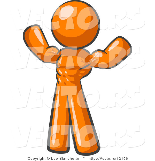 Vector of Orange Bodybuilder Guy Flexing His Muscles and Showing the Definition in His Abs, Chest and Arms