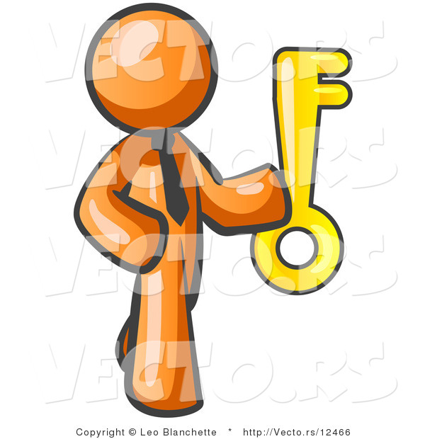 Vector of Orange Business Guy Holding a Large Golden Skeleton Key, Symbolizing Success