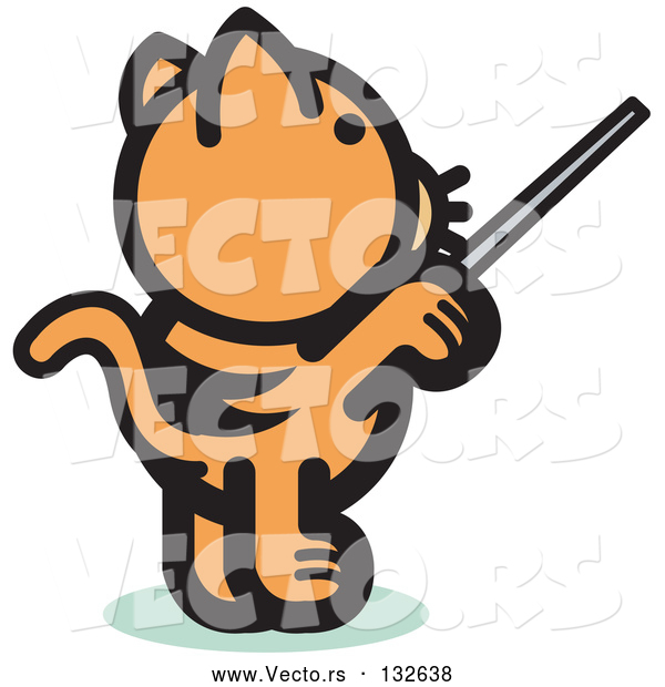 Vector of Orange Cat Standing on His Hind Legs and Using a Pointer Stick to Point Something out or Using a Wand to Conduct an Orchestra