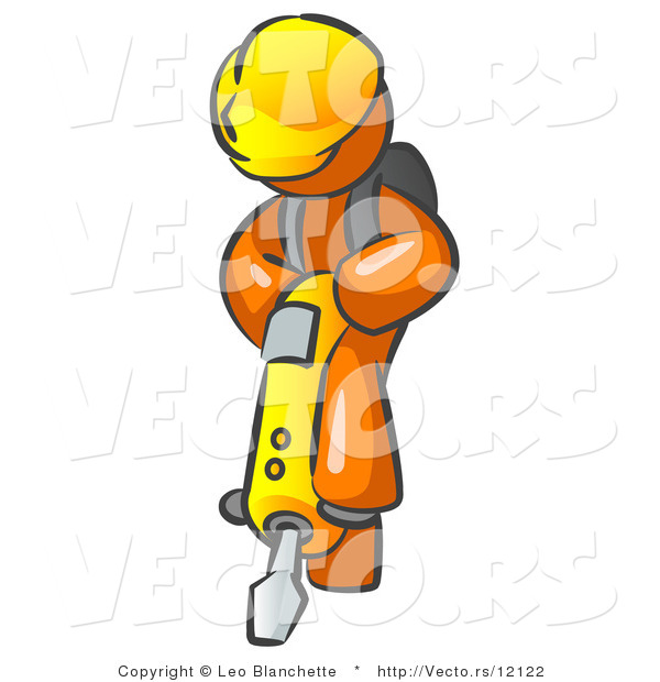 Vector of Orange Construction Worker Guy Wearing a Hardhat and Operating a Yellow Jackhammer While Doing Road Work