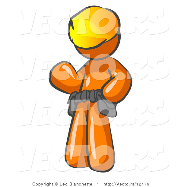 Vector of Orange Construction Worker Wearing Hardhat and Tool Belt While Waving Hello