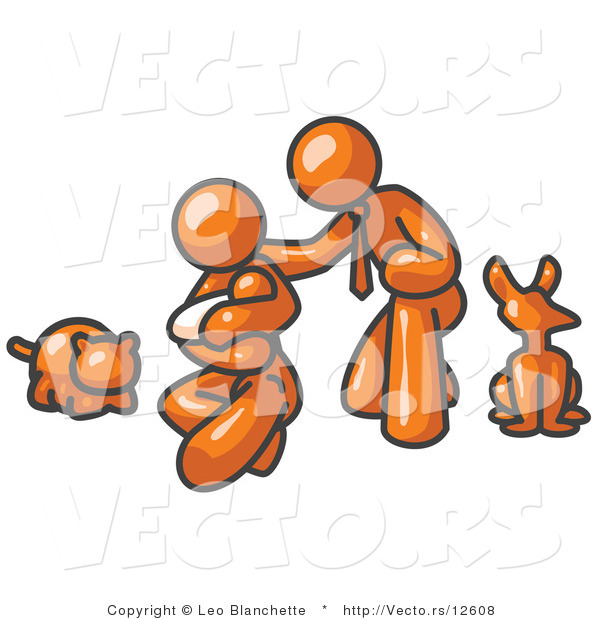 Vector of Orange Family with Cat, Dog, and Newborn Baby